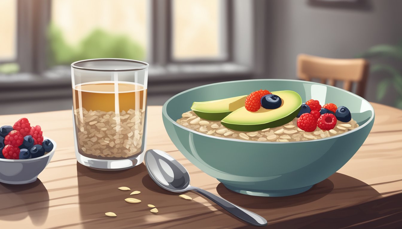 A bowl of oatmeal with fresh berries, a plate of sliced avocado on whole grain toast, and a glass of green tea on a wooden table