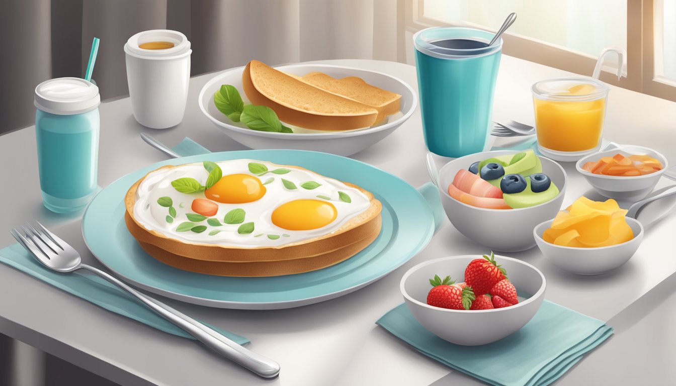 A table set with a healthy breakfast spread, surrounded by toothbrush and toothpaste