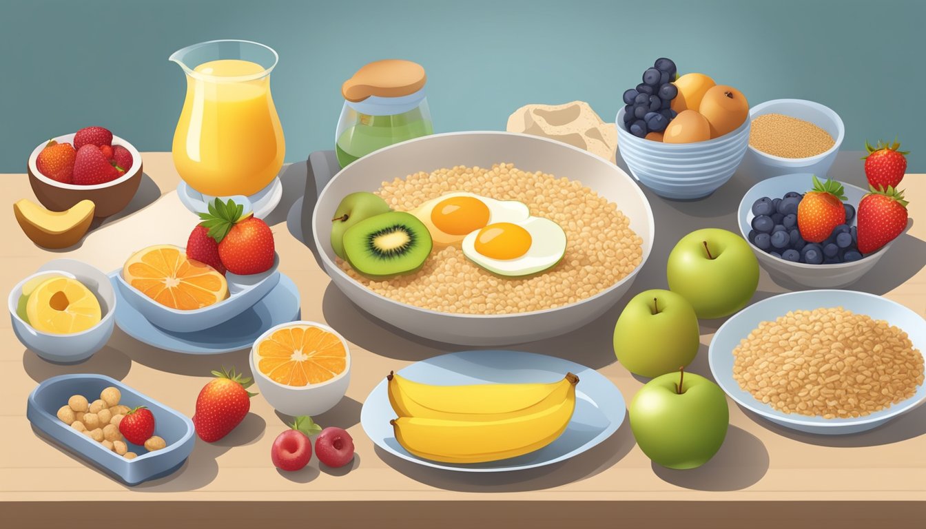 A table set with a balanced breakfast including fruits, whole grains, and lean proteins, surrounded by a measuring tape and a scale