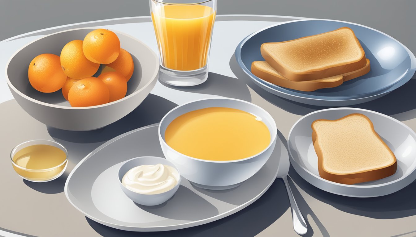 A table set with a bowl of fruit, a glass of orange juice, a plate of whole grain toast, and a cup of yogurt