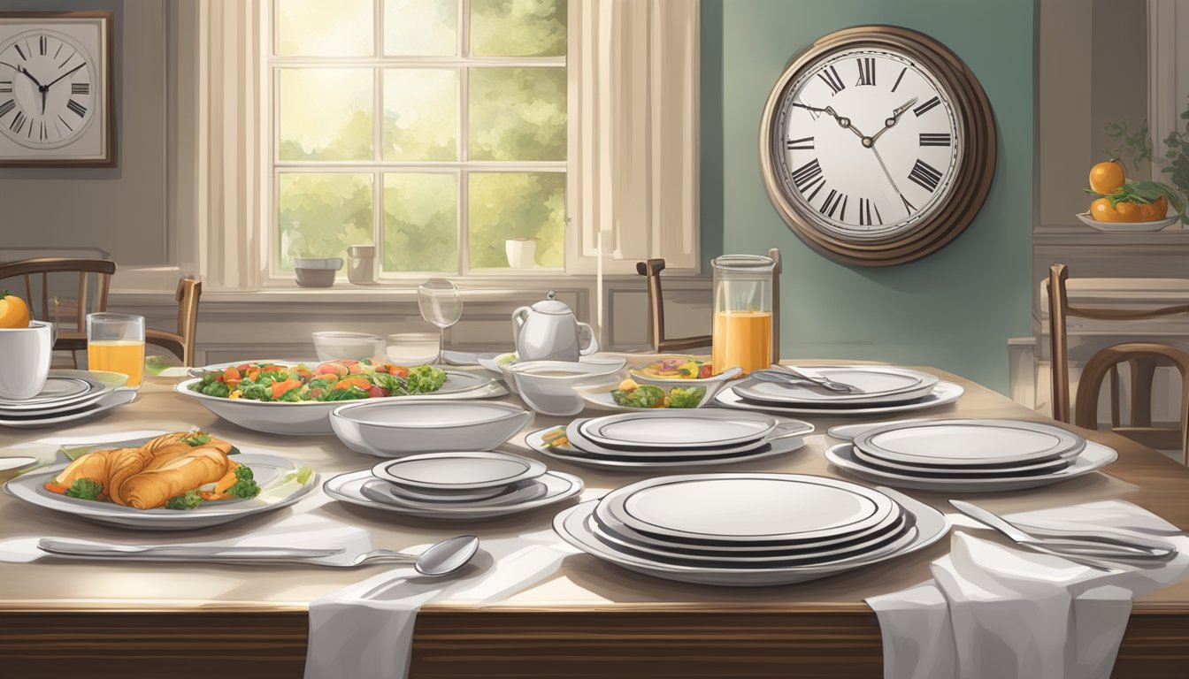 A table set with empty plates, untouched food, and a clock showing mid-morning