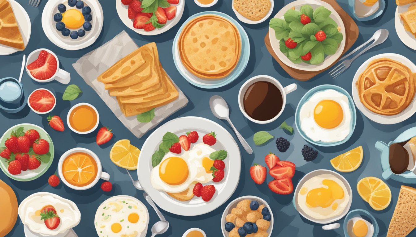 A table set with a variety of breakfast foods, with a large red X over it. A person happily skipping breakfast while feeling energized and focused