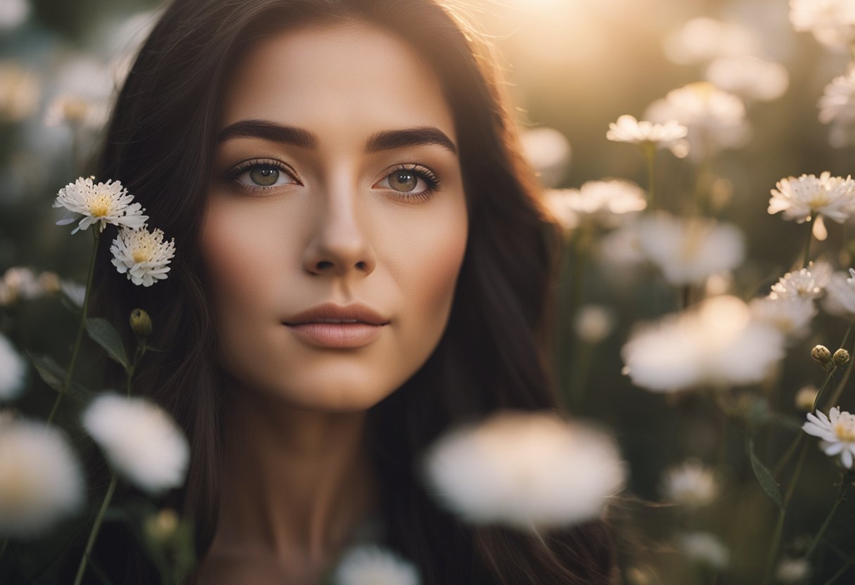 A serene, radiant face surrounded by delicate flowers and glowing with a soft, ethereal light