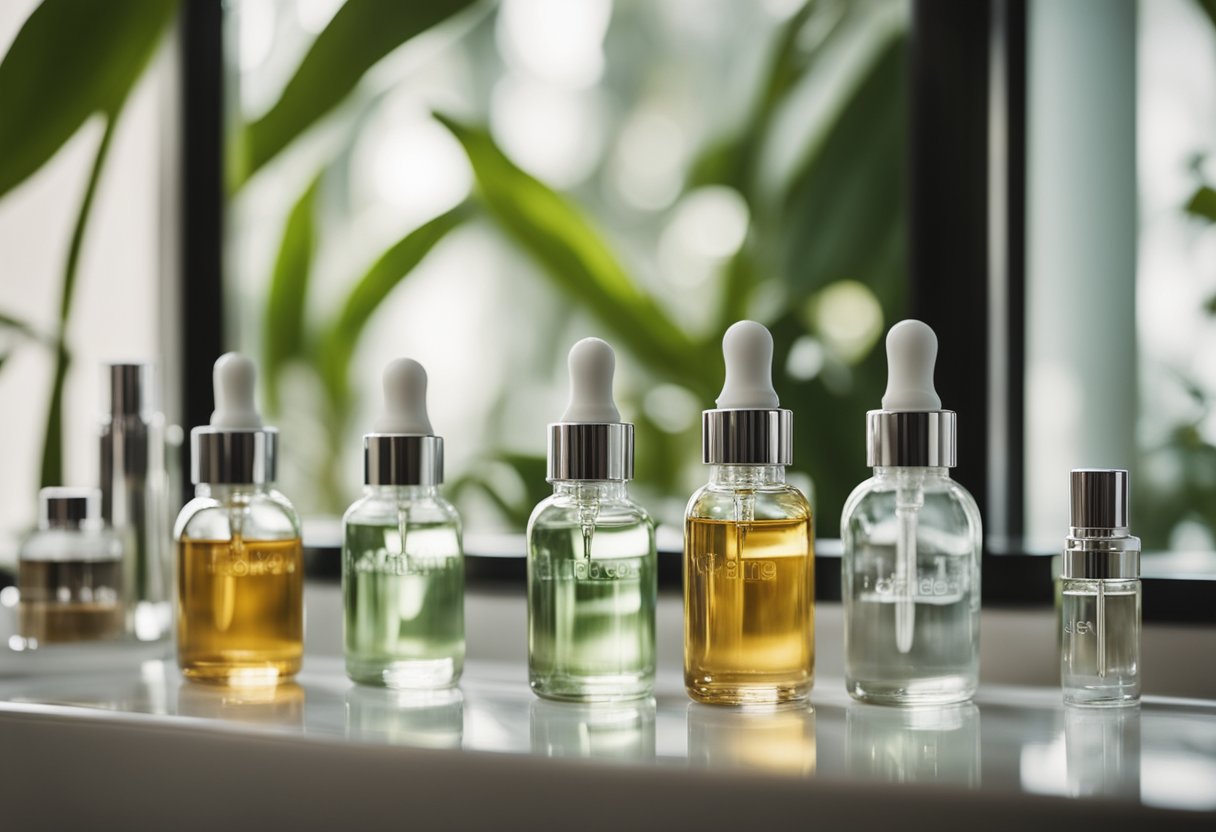 A serene, minimalist bathroom counter with a variety of glass bottles and droppers containing different essences for skincare