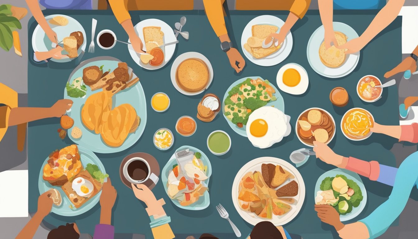 A table set with various breakfast foods, surrounded by people of different ages and cultures. Some are eating, while others are not, illustrating the diversity of breakfast habits