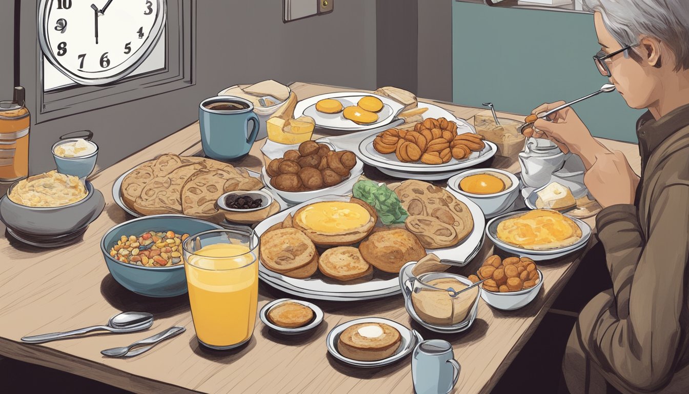 A person sitting at a table with a variety of breakfast foods untouched, while a clock on the wall shows a late morning time