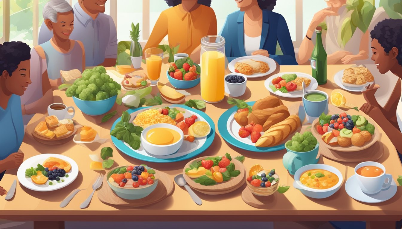 A vibrant breakfast table with a variety of healthy foods and beverages, surrounded by diverse individuals of different ages and backgrounds