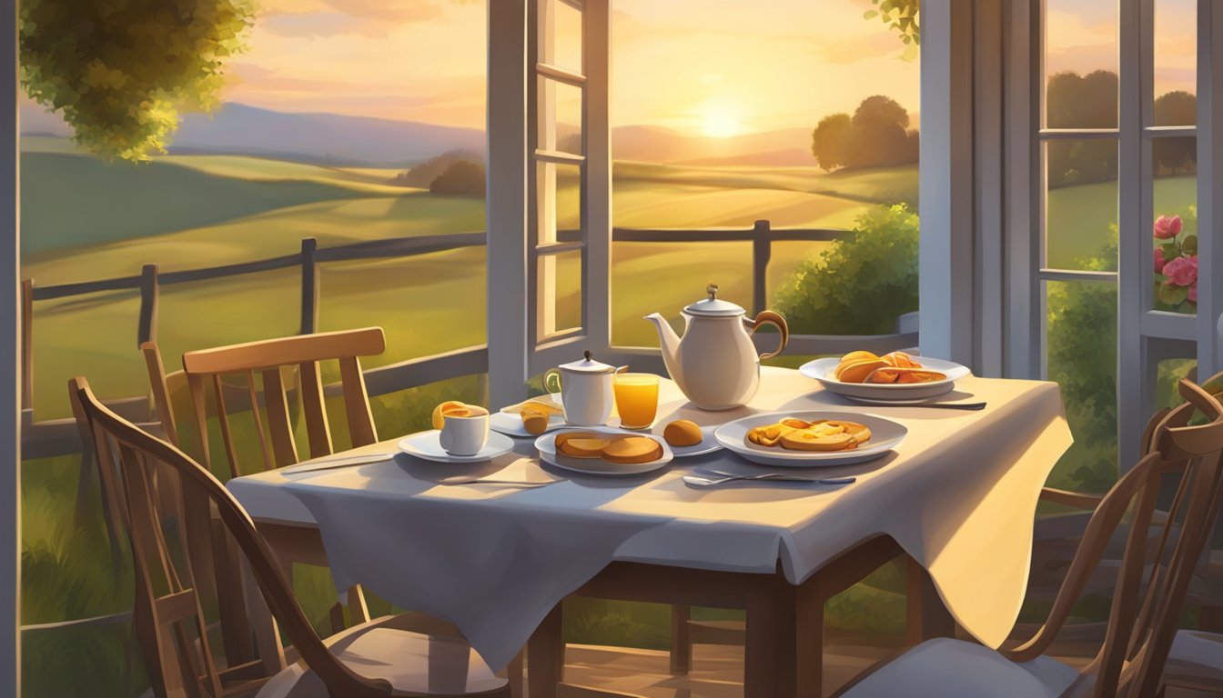 A serene morning landscape with a table set for breakfast, untouched, as the sun rises over a peaceful countryside