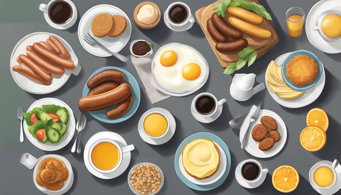 A breakfast table with various gluten-free sausage brands displayed on plates, accompanied by eggs, fruits, and a steaming cup of coffee