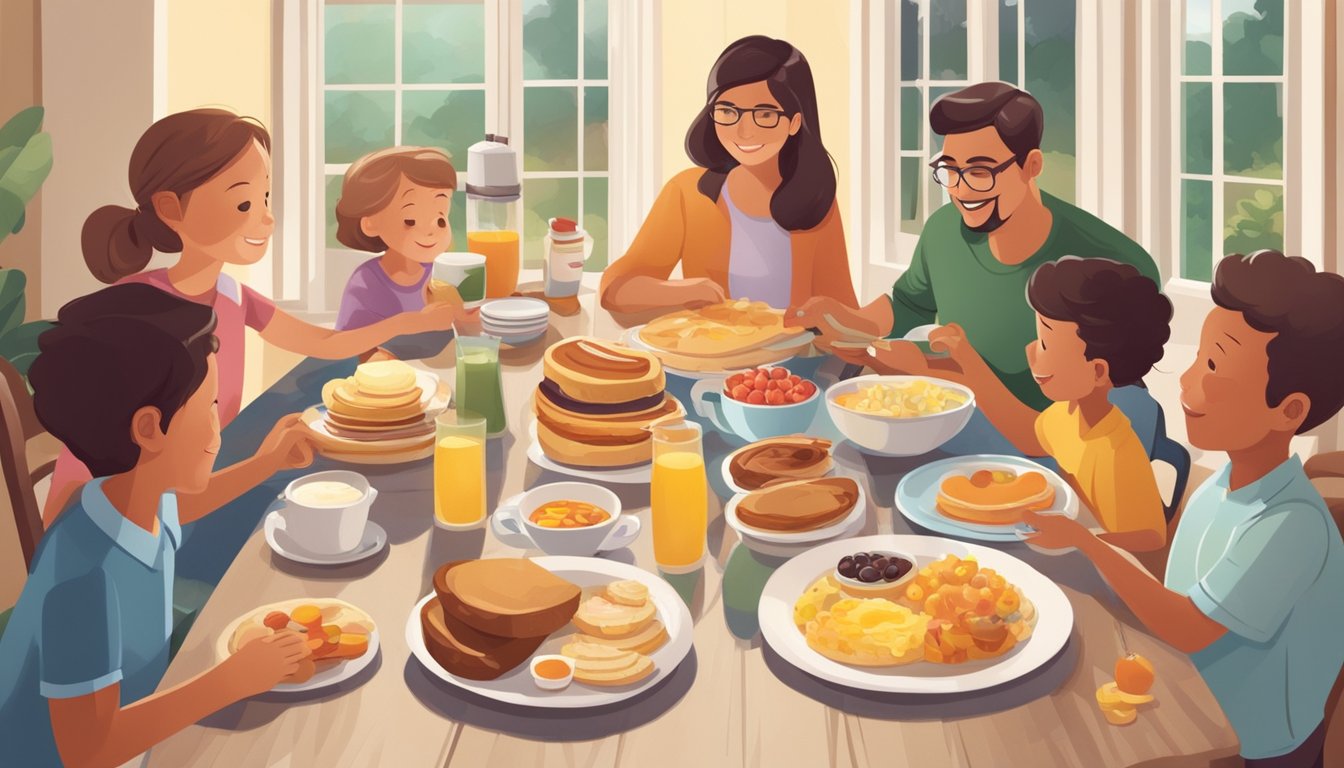 A family gathering around a table filled with a variety of breakfast foods, enjoying a leisurely morning meal together