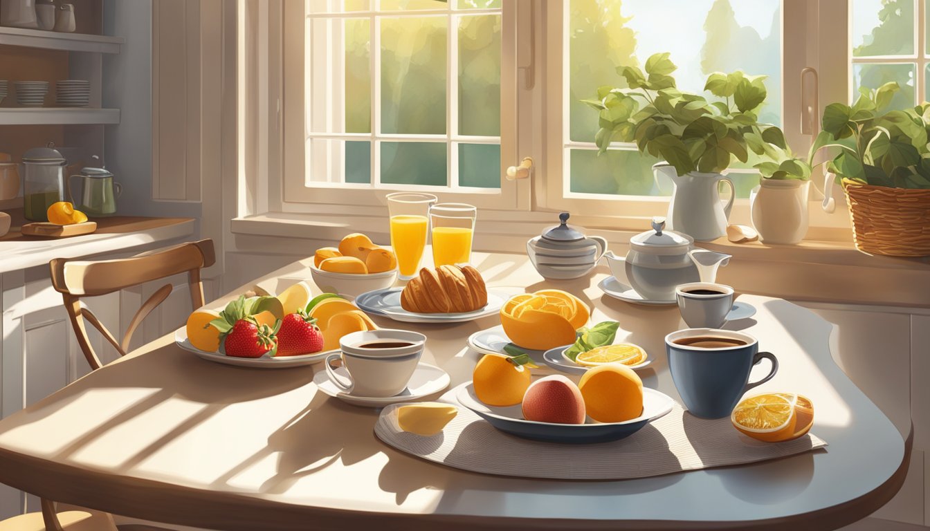 A sunny kitchen with a table set for breakfast, featuring a spread of fresh fruit, pastries, and coffee. The morning light streams in through the window, creating a warm and inviting atmosphere