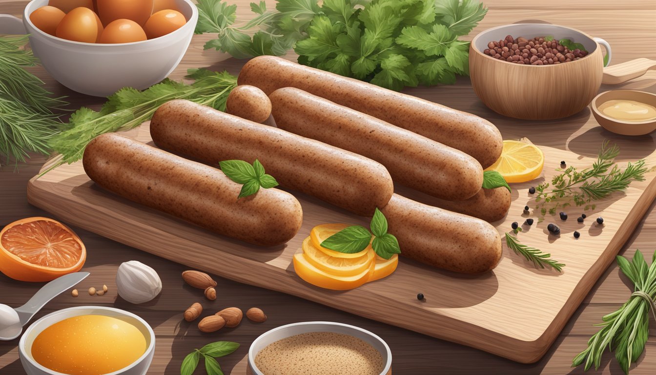 A variety of gluten-free breakfast sausages displayed on a wooden cutting board, surrounded by fresh herbs and spices