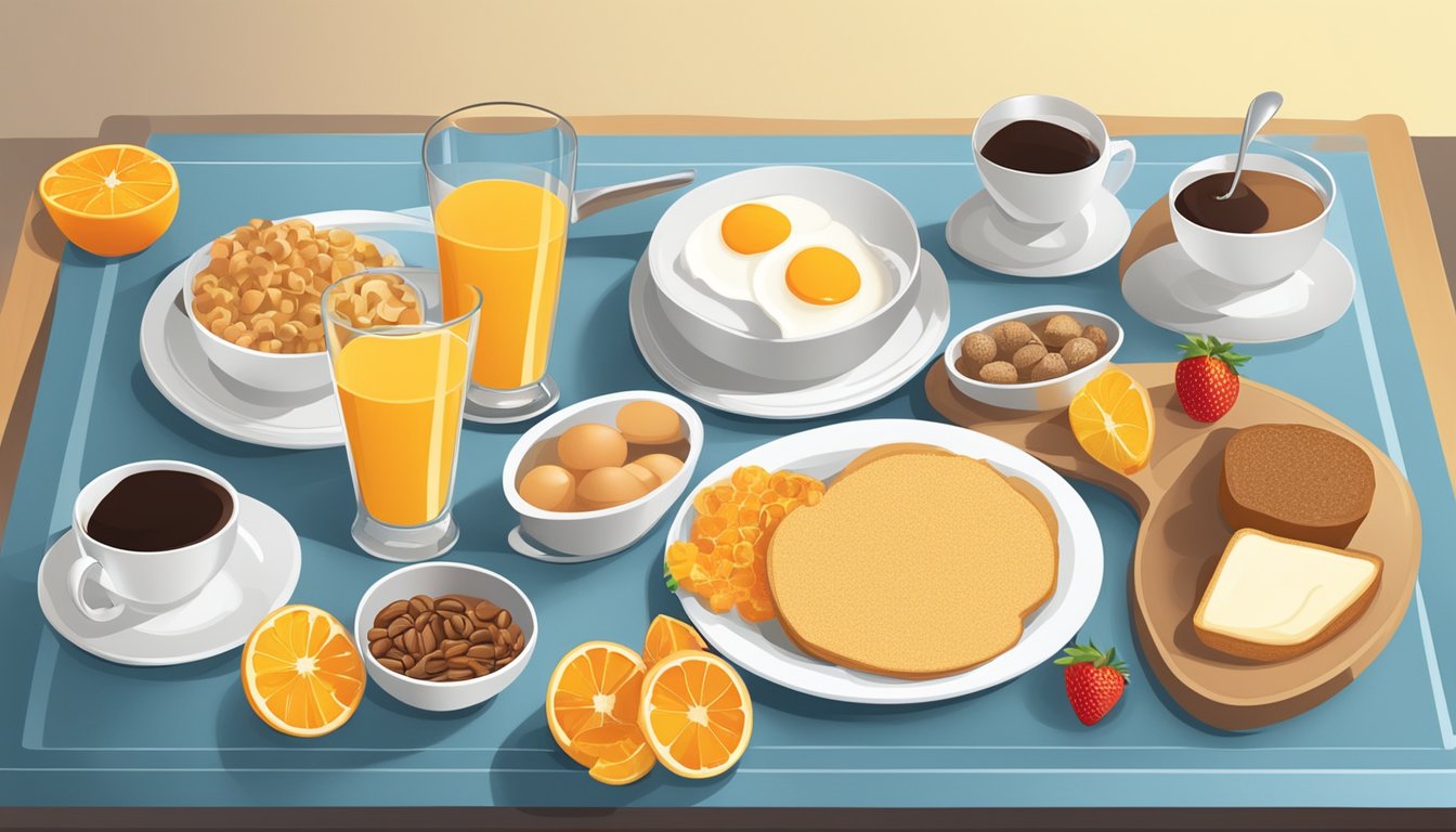 A table set with a variety of breakfast foods including fruits, eggs, toast, and cereal. A glass of orange juice and a cup of coffee sit next to the plate