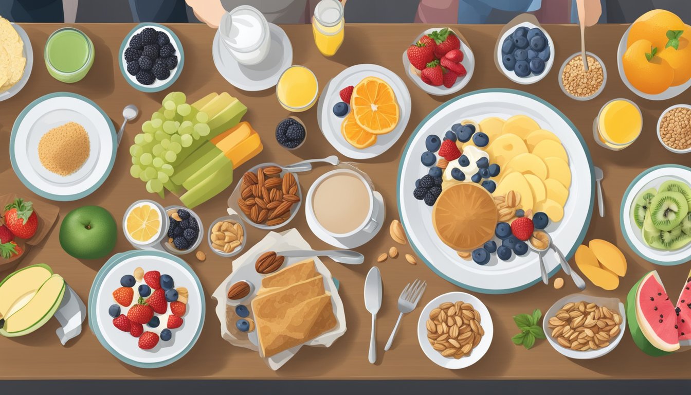 A table set with a variety of breakfast options, including gluten-free, dairy-free, and vegan choices. Fruits, nuts, and grains are arranged neatly on the table