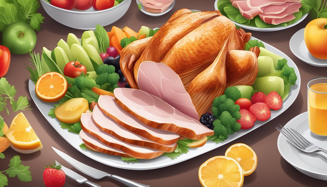 A plate with sliced turkey and ham, alongside fresh vegetables and fruits