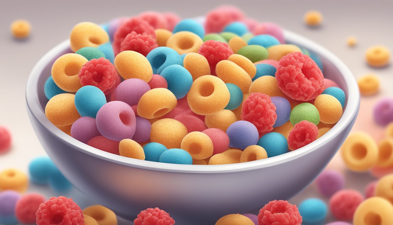 A bowl of sugary cereal surrounded by red, inflamed cells