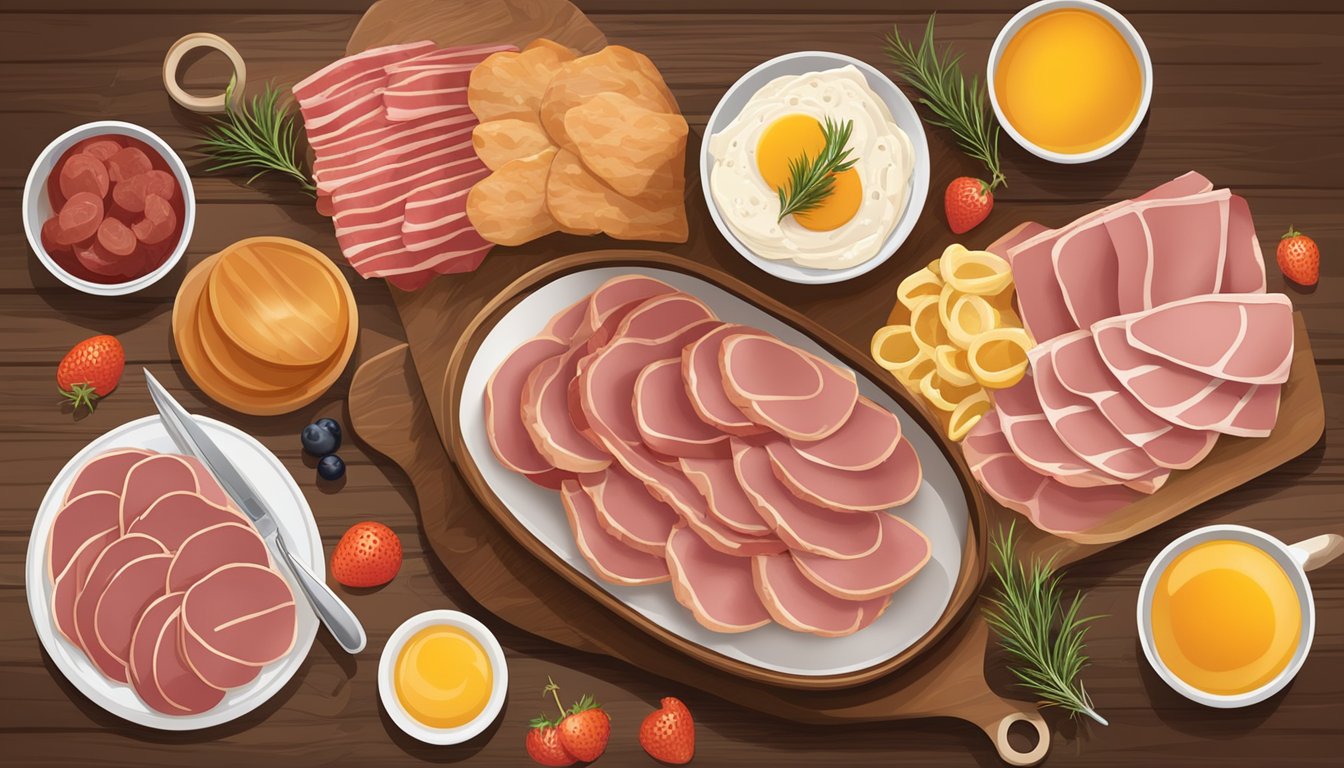 A platter of assorted cold breakfast meats, including sliced ham, turkey, and salami, is arranged on a wooden cutting board with decorative garnishes