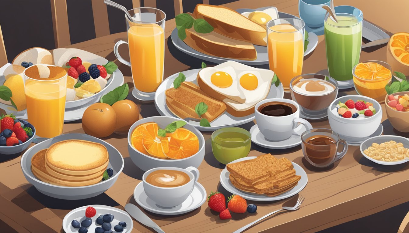 A table set with a variety of breakfast foods, including fruits, cereals, eggs, and toast. Juice and coffee are also present