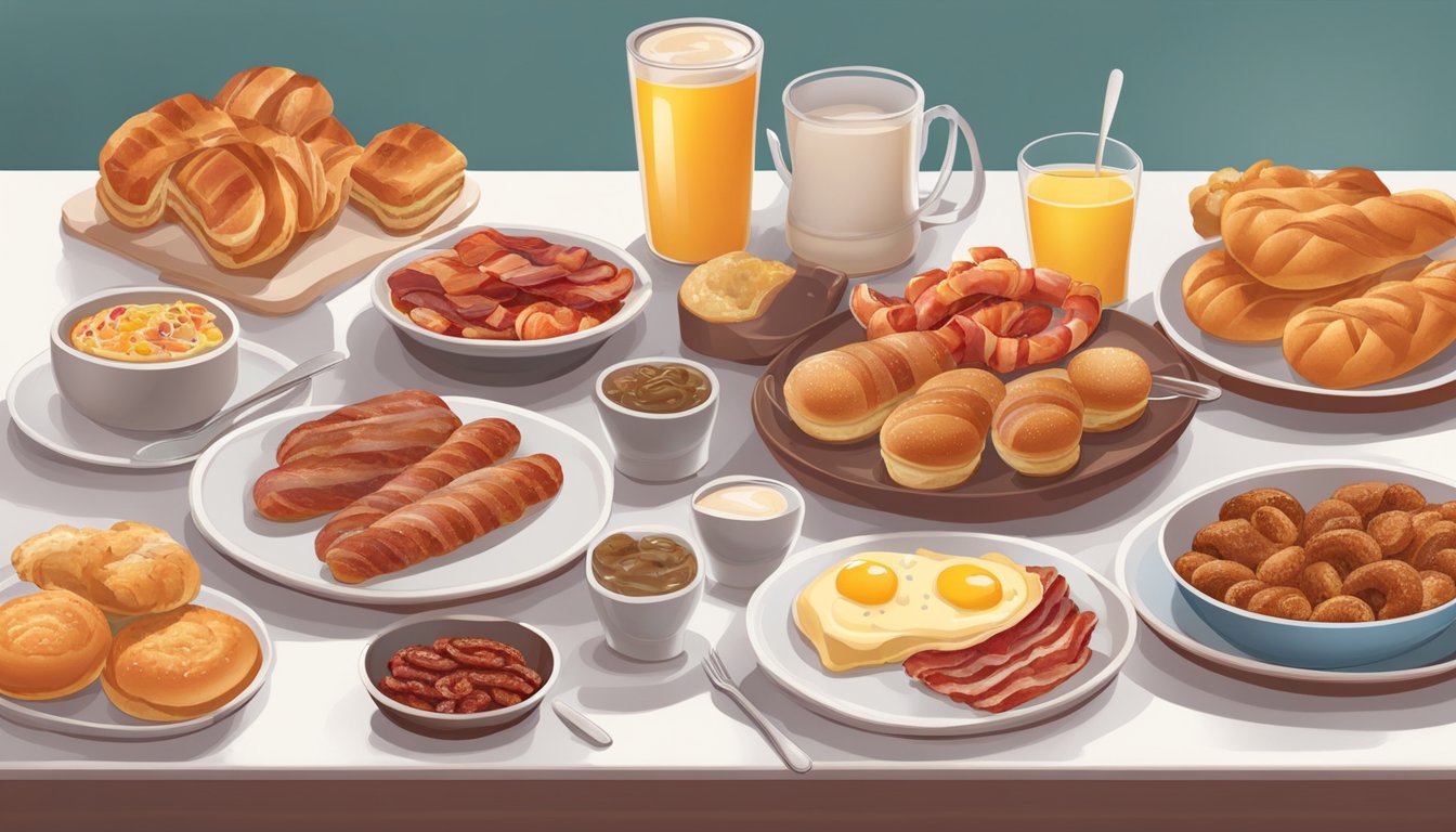 A table set with breakfast foods, including bacon, sausage, and pastries, surrounded by red, inflamed tissue