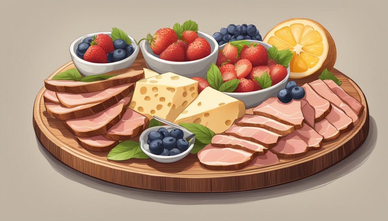 A platter of sliced cold breakfast meats, accompanied by fresh fruits and cheeses, is elegantly displayed on a wooden serving board