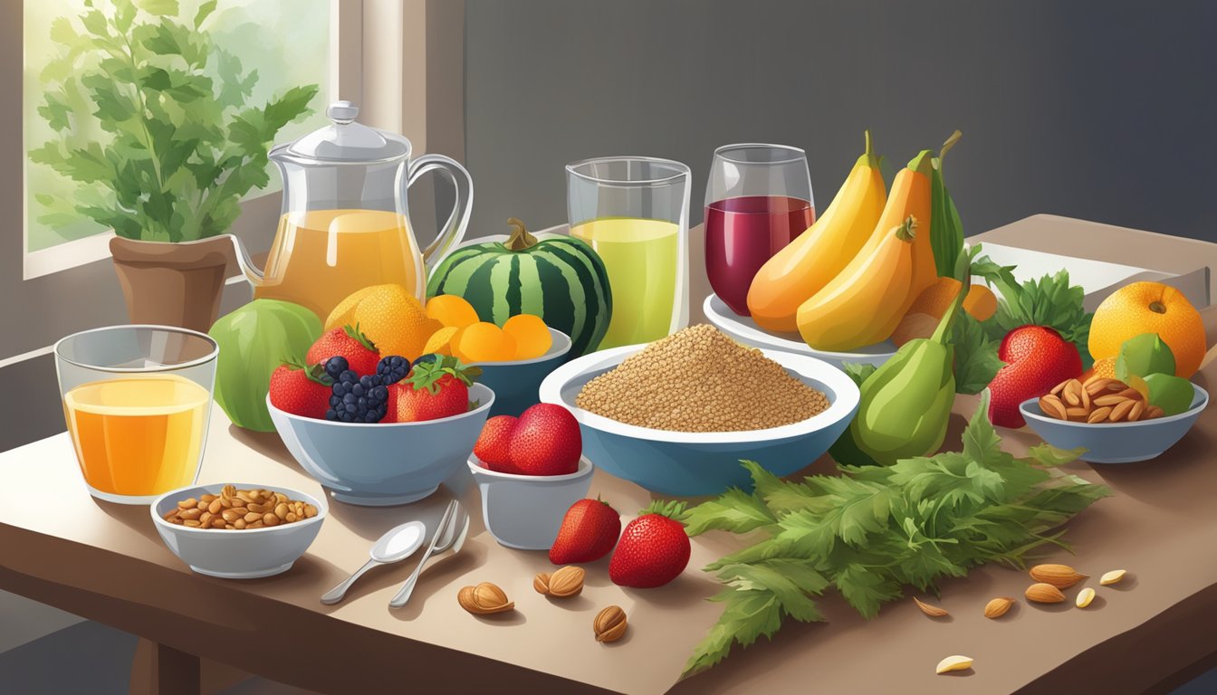 A table set with a variety of colorful fruits, vegetables, nuts, and whole grains, with a glass of water and a cup of herbal tea, surrounded by natural light