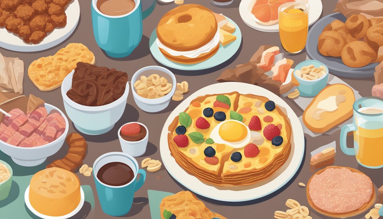 A table with a spread of inflammatory breakfast foods like sugary cereals, processed meats, and pastries, surrounded by images of unhealthy lifestyle choices such as smoking and stress