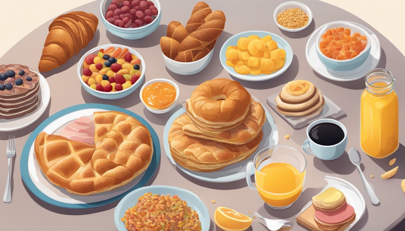 A table with a spread of breakfast foods including pastries, processed meats, and sugary cereals, surrounded by inflamed body parts