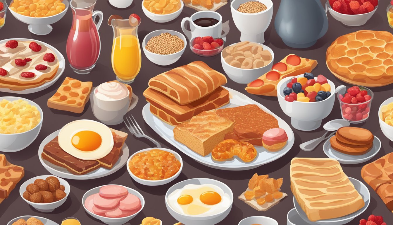 A table with a variety of breakfast foods, including pastries, sugary cereals, and processed meats, surrounded by red, inflamed cells