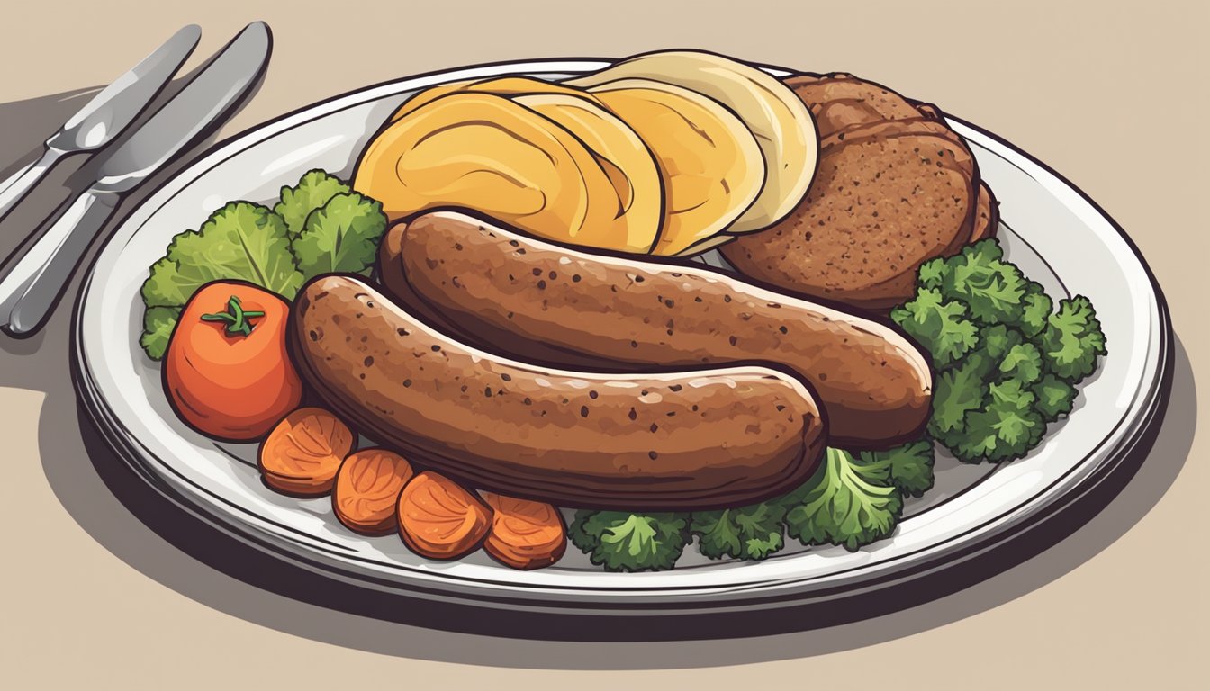 A plate with two breakfast sausages, one labeled "pork" and the other labeled "turkey," next to a pile of fresh vegetables