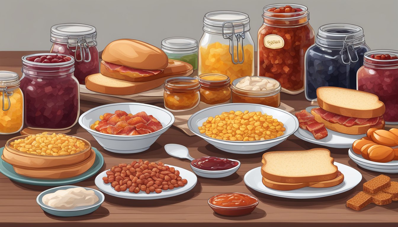 A table set with bacon, sausage, white bread, and sugary cereals, surrounded by jars of jam and processed spreads