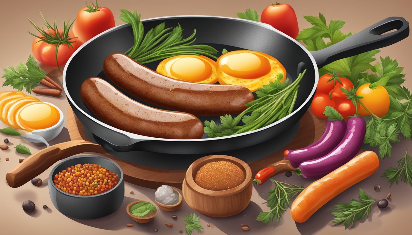 A sizzling skillet cooks a variety of breakfast sausages, surrounded by colorful spices and fresh herbs