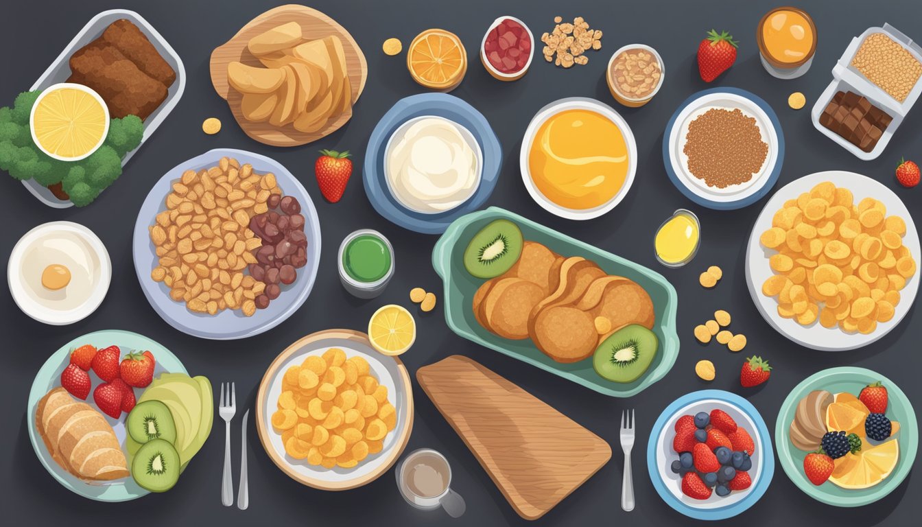 A table with various breakfast foods: sugary cereals, pastries, and processed meats. A separate table with anti-inflammatory options: fruits, vegetables, and whole grains