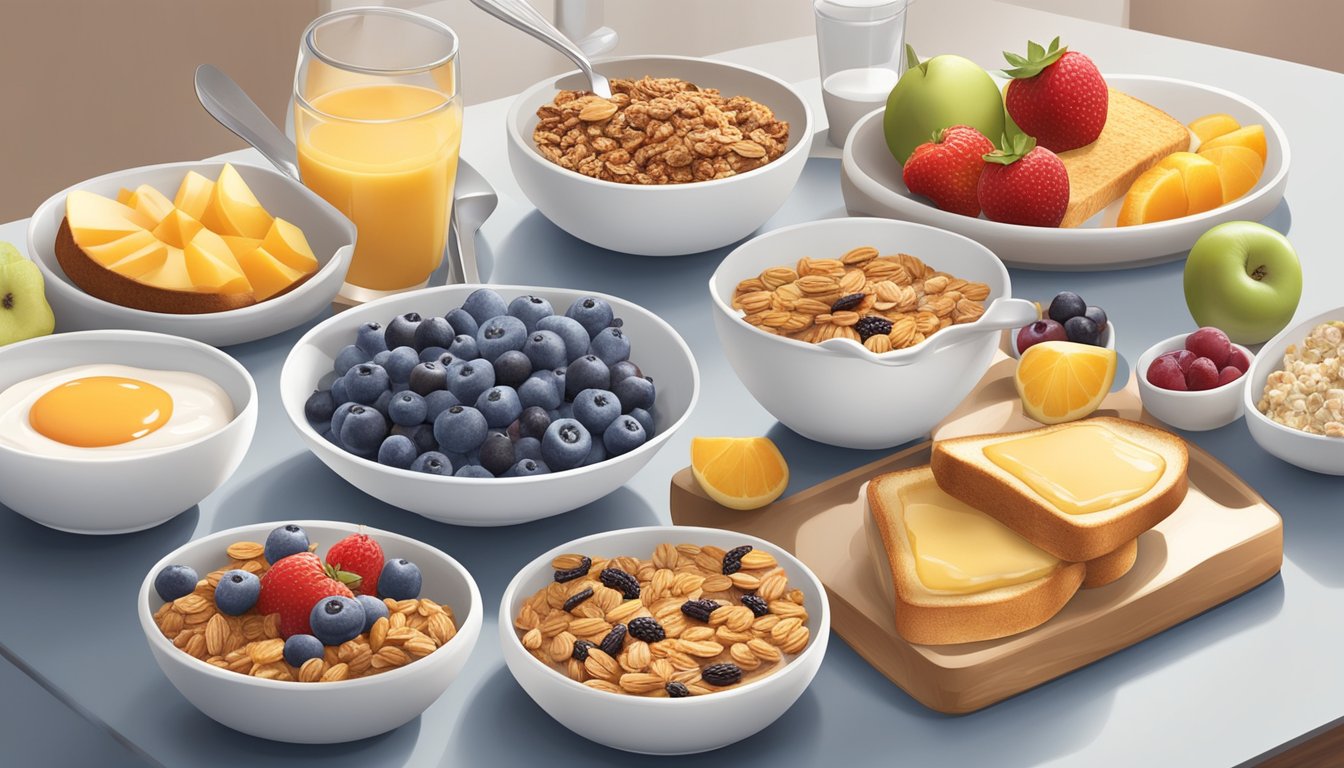 A table set with a variety of breakfast options, including fruit, yogurt, granola, and toast with toppings, all arranged in an inviting and appetizing display