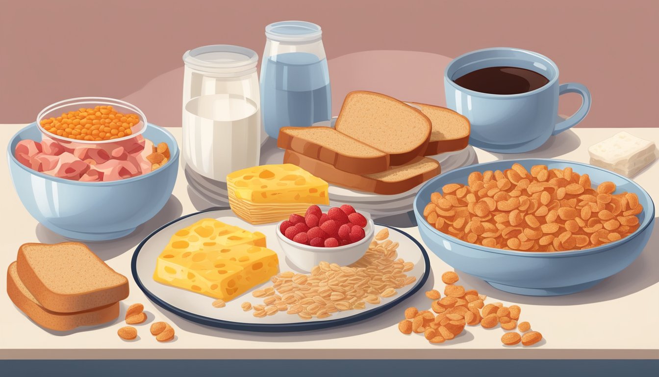 A table set with inflammatory breakfast foods such as sugary cereals, white bread, and processed meats, surrounded by red, inflamed cells