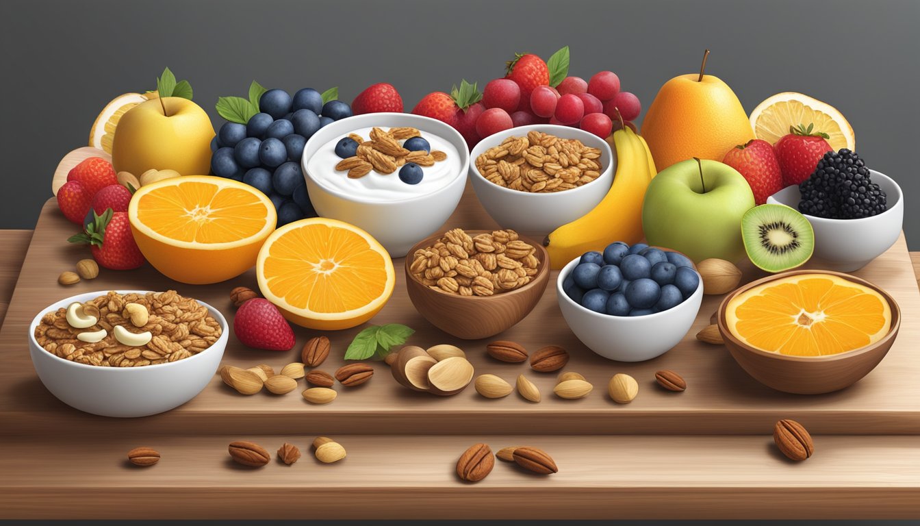 A colorful array of fruits, nuts, yogurt, and granola arranged on a wooden breakfast tray