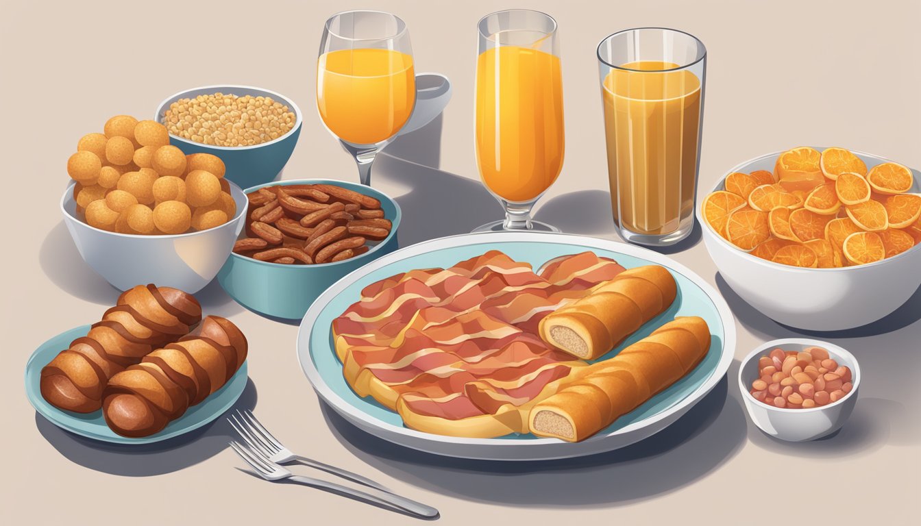 A table with bacon, sausage, and pastries alongside a bowl of sugary cereal and a glass of orange juice