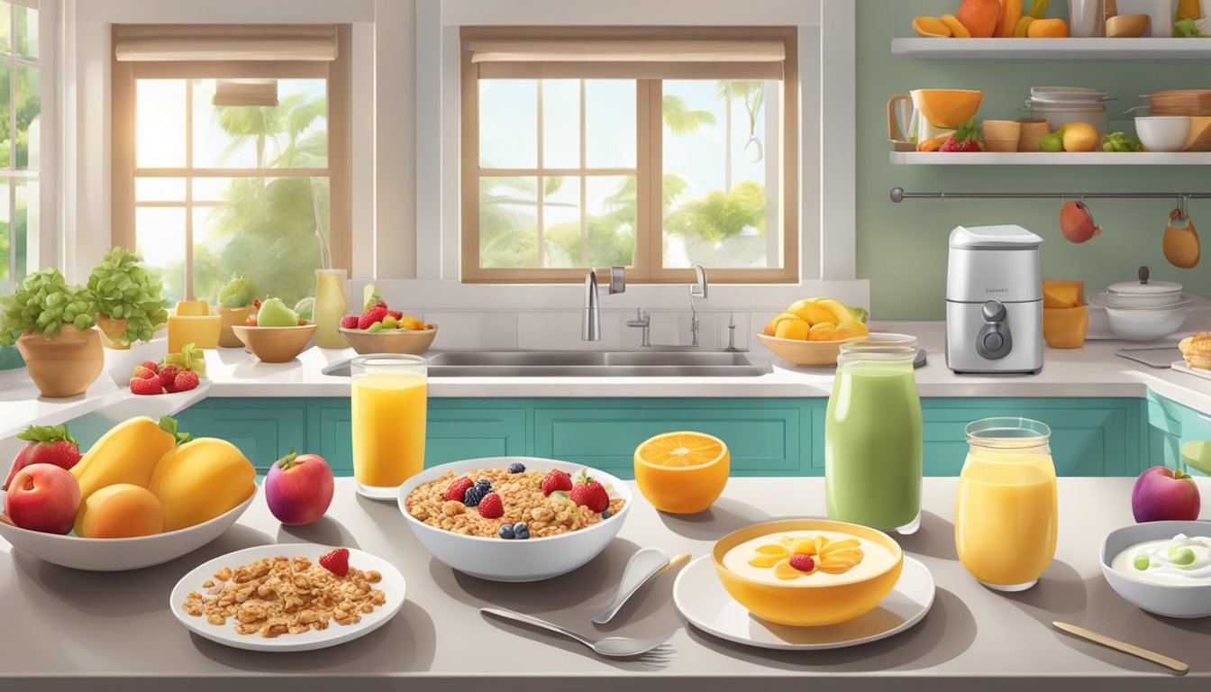 A table set with various breakfast options, including fruit, yogurt, granola, and smoothies, surrounded by a bright and inviting kitchen