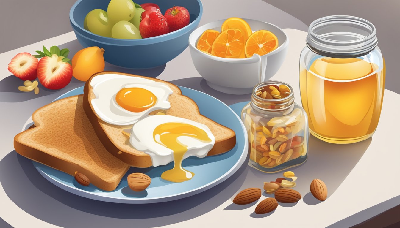 A breakfast table with a variety of colorful fruits, whole grain toast, nuts, and a glass of water, with a jar of honey and a bowl of yogurt