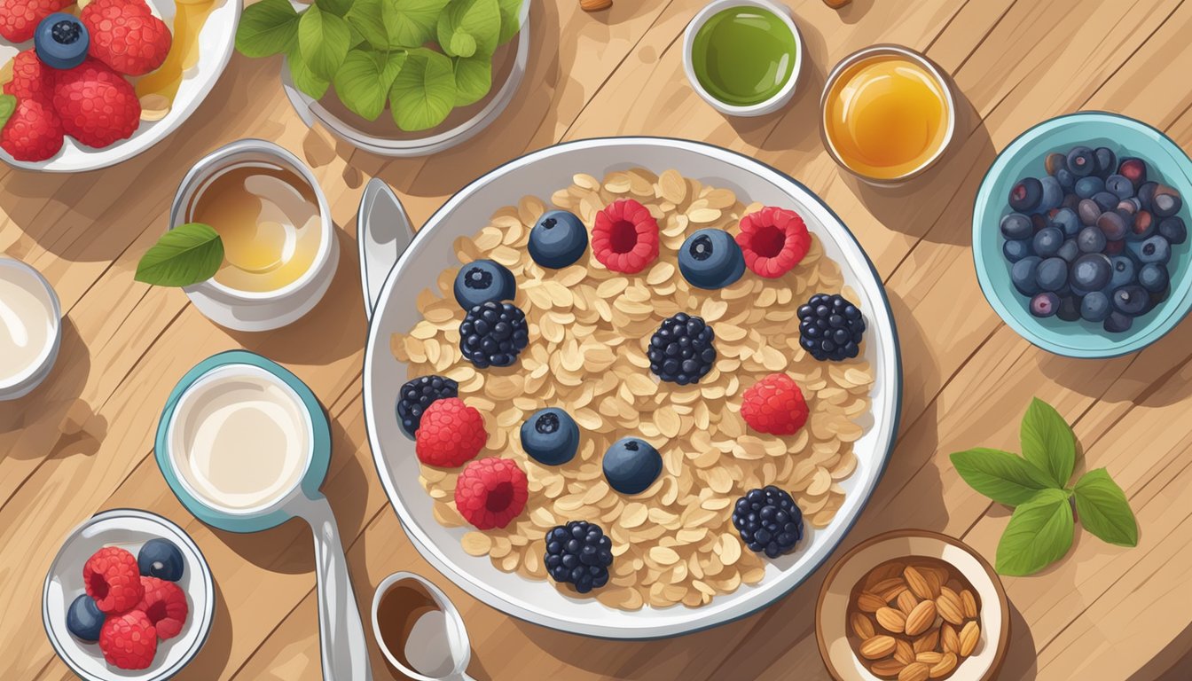 A colorful breakfast spread of oatmeal, berries, nuts, and green tea on a wooden table, with a bright and inviting atmosphere