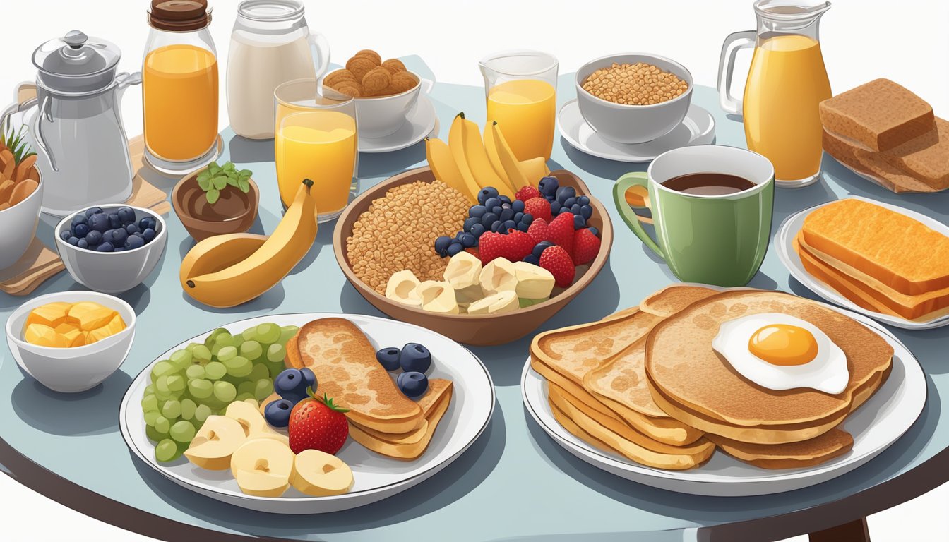 A breakfast table with a variety of foods, including fruits, whole grains, and lean proteins, with a clear absence of high-fat, sugary, or processed items