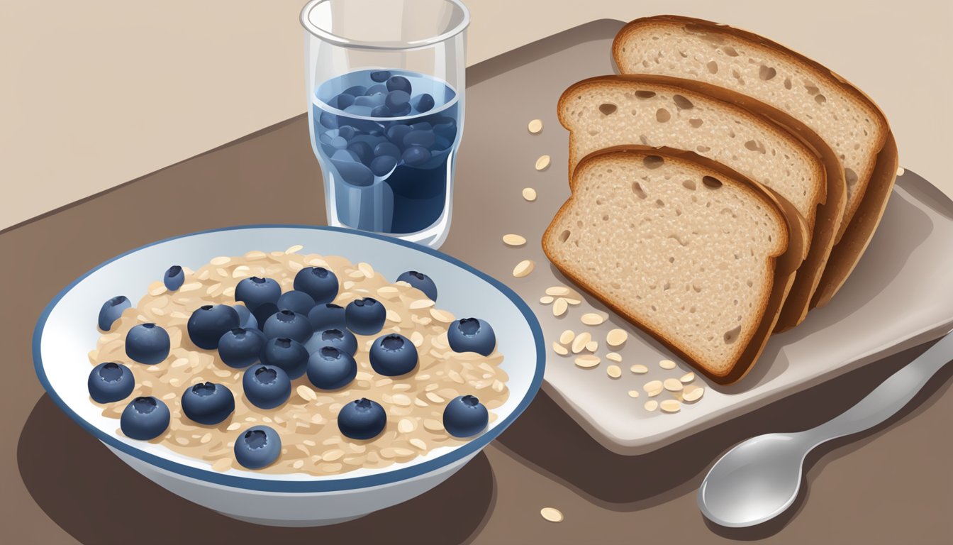 A table set with a bowl of oatmeal topped with blueberries, a side of whole grain toast, and a glass of water