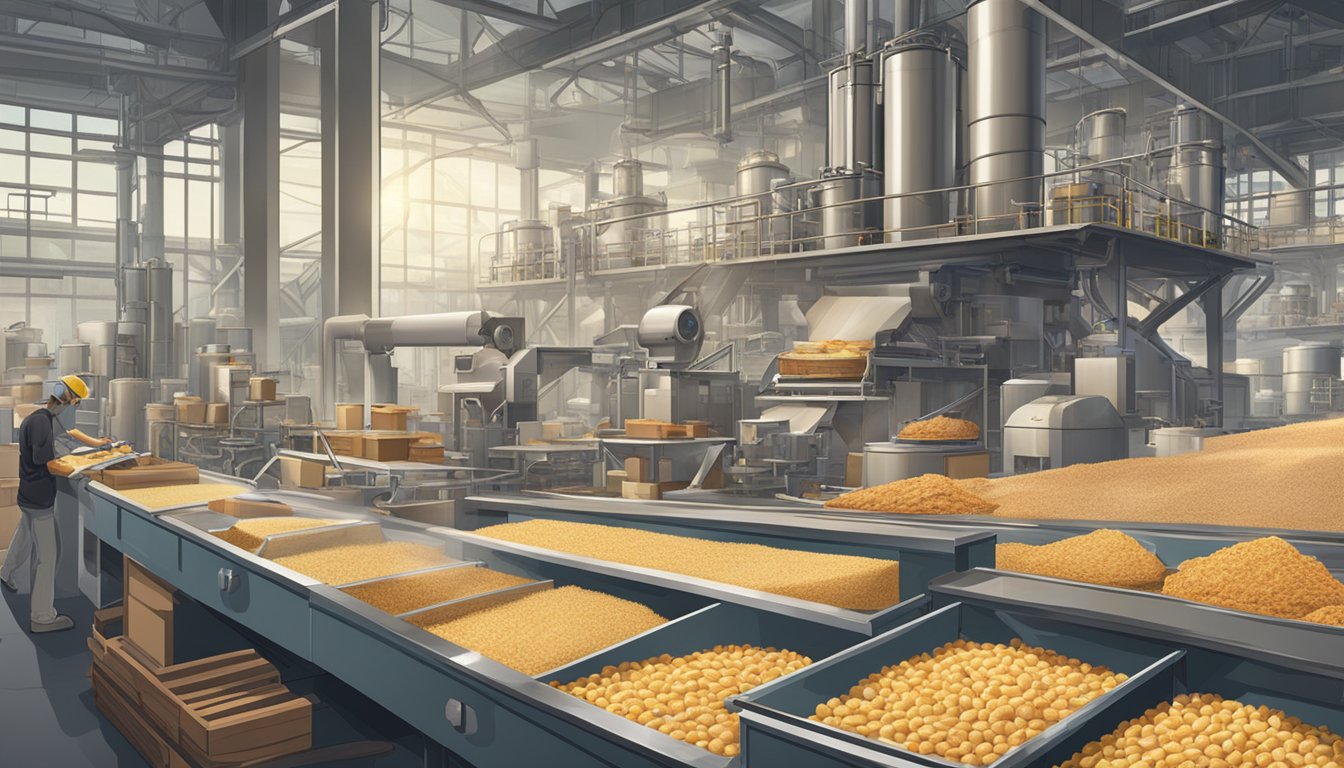 A bustling factory with smokestacks, conveyor belts, and machinery churning out breakfast foods like cereal, toast, and eggs