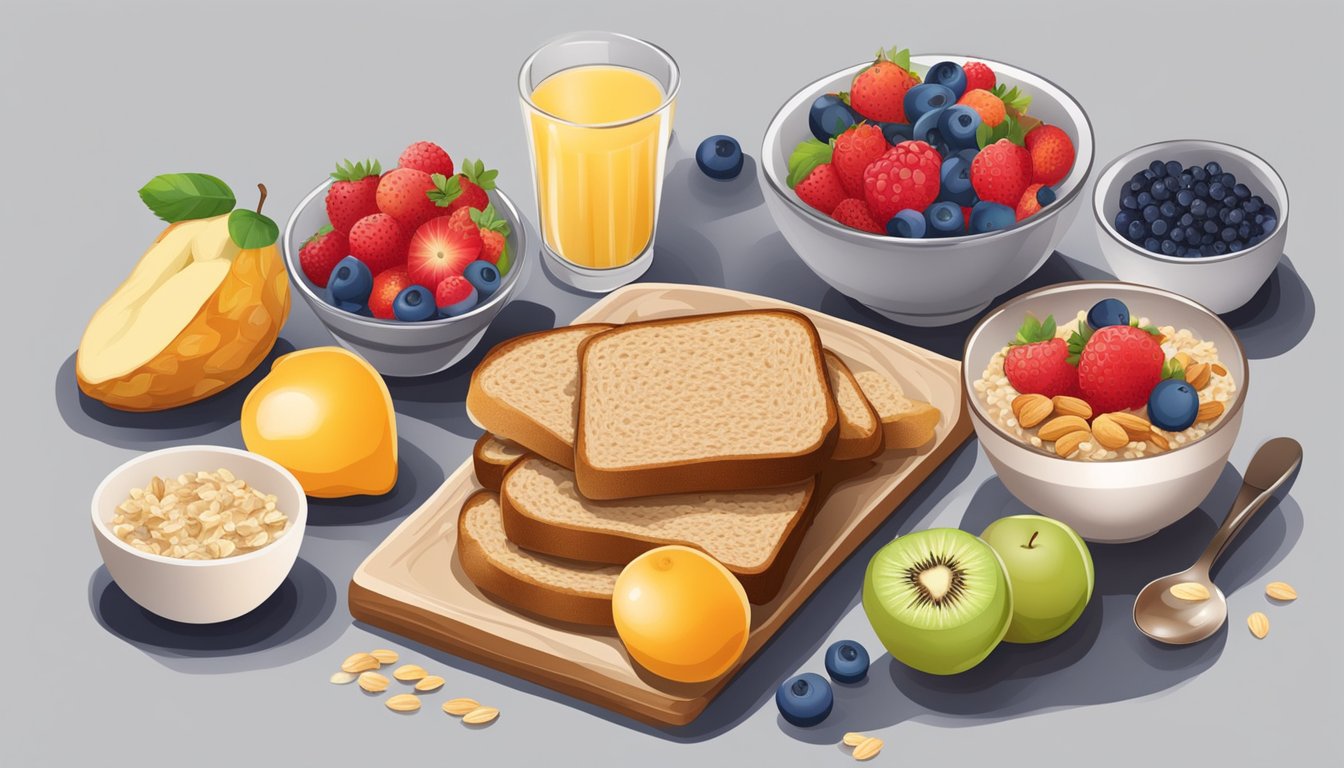 A table set with a colorful array of fruits, whole grain toast, and a bowl of oatmeal topped with nuts and berries