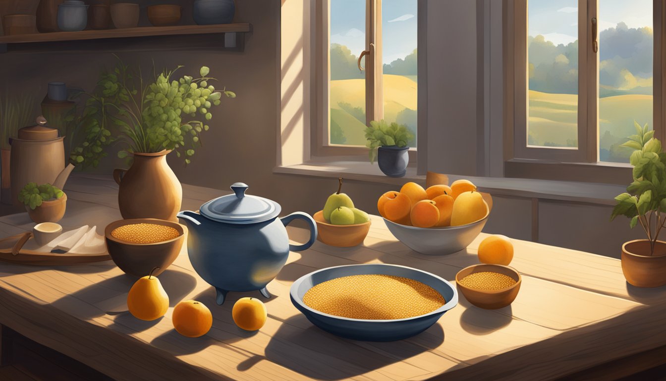 A morning scene: grains, fruits, and dairy arranged on a rustic table. A pot steams over a fire, while early morning light filters through a window