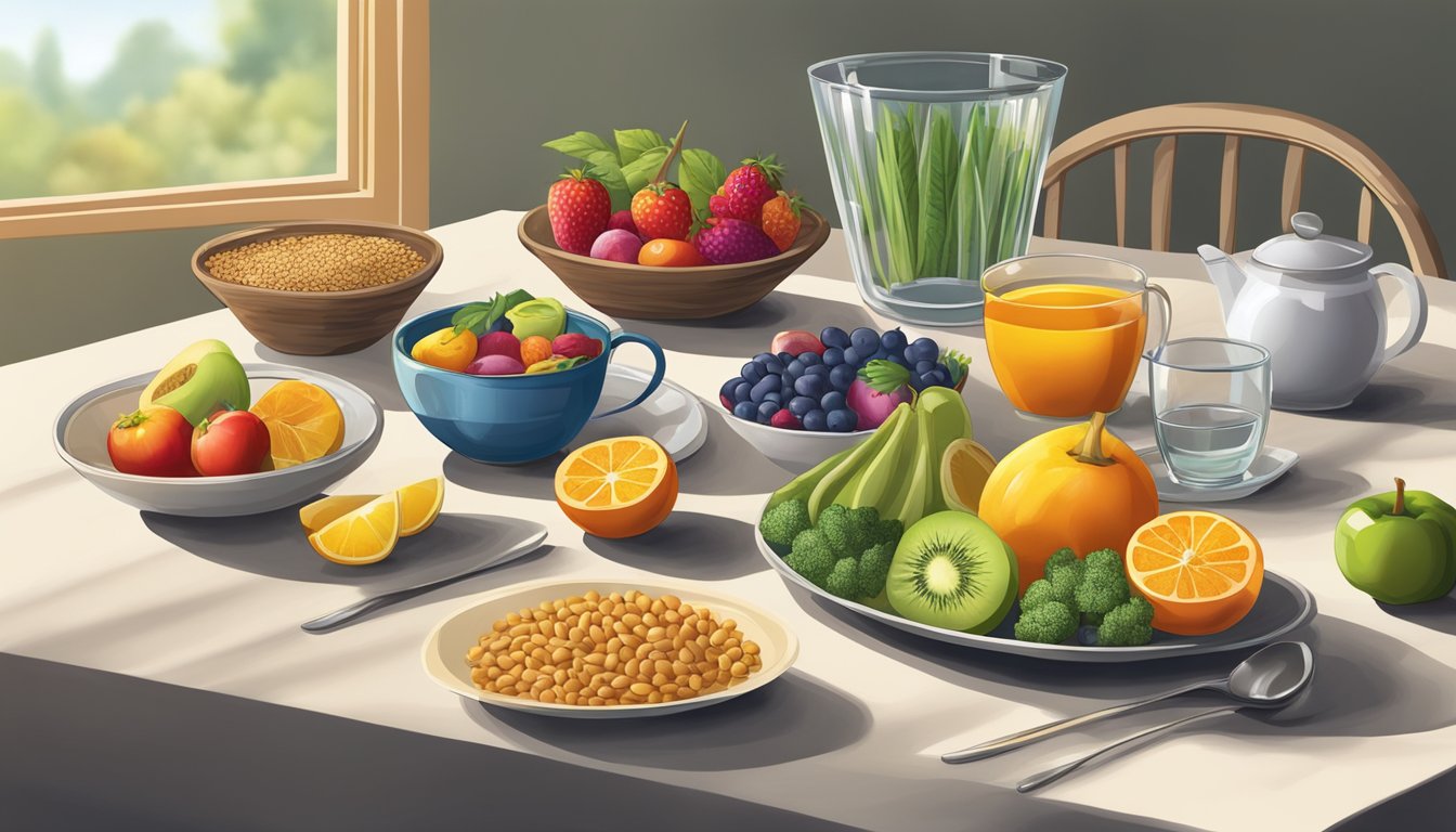 A table set with a colorful array of fruits, vegetables, whole grains, and nuts, with a glass of water and herbal tea, all bathed in natural light