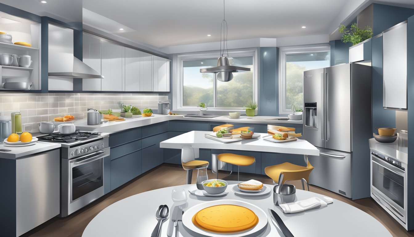 A sleek kitchen with futuristic appliances and a table set with modern dishes and utensils, showcasing the evolution of breakfast in modern times