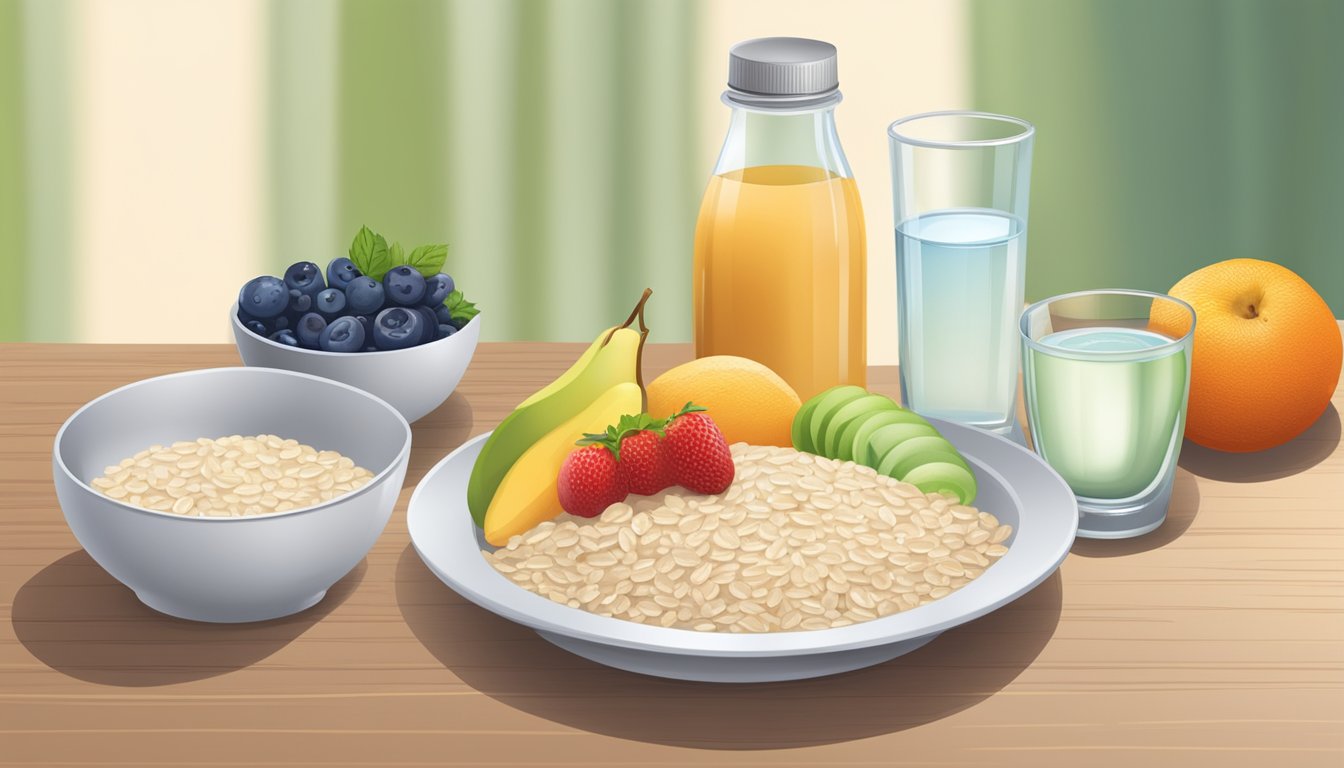 A table set with a bowl of oatmeal, a plate of fresh fruit, a glass of water, and a bottle of digestive enzymes