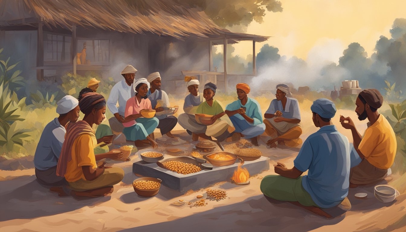 A group of people gathered around a fire, cooking and sharing various grains and fruits, representing the impact of cultural and societal change on the invention of breakfast