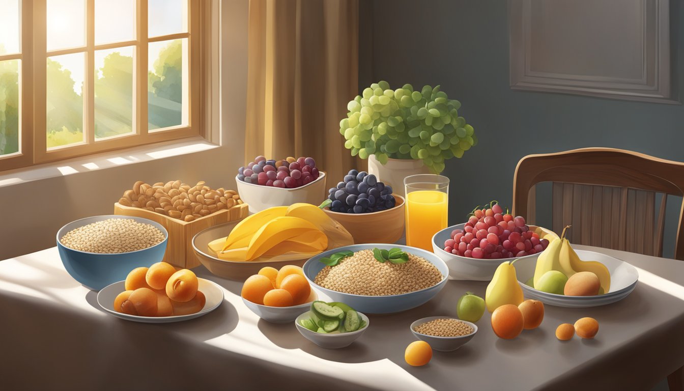 A table set with a variety of foods, including grains, fruits, and dairy, with the morning sunlight streaming through a window