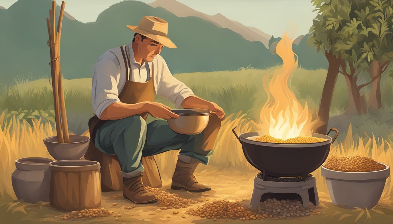 A farmer gathers freshly harvested grains and fruits, while a cook prepares a pot over a fire, symbolizing the origins of breakfast